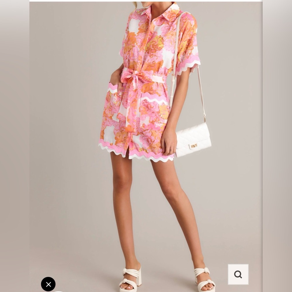 Floral pink & tangerine button dress with wave trim women’s NWT - Picture 3 of 6